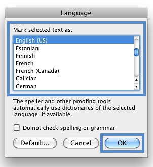 Screenshot of the language dialog box with the OK button highlighted