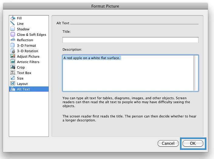 Image demonstrates the location and changes of alt text in the Format Picture dialog box