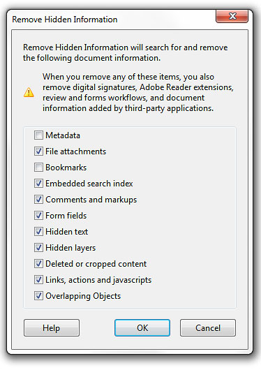 Image shows the actions Remove Hidden Information dialog box.