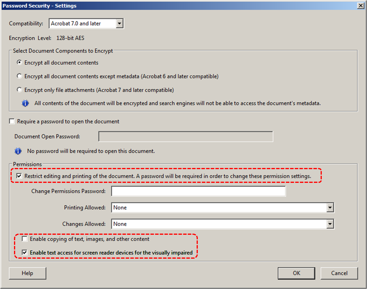 Image demonstrates location of Restrict editing and printing option, Enable copying of text option, and Enable text access for screen readers option in the Password Security - Settings dialog.