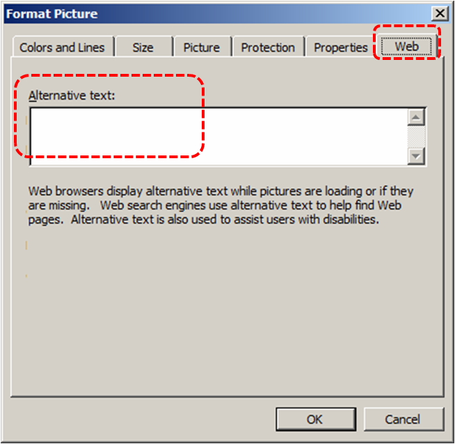 Image demonstrates location of Web tab and Alternative text box in the Format Picture dialog.