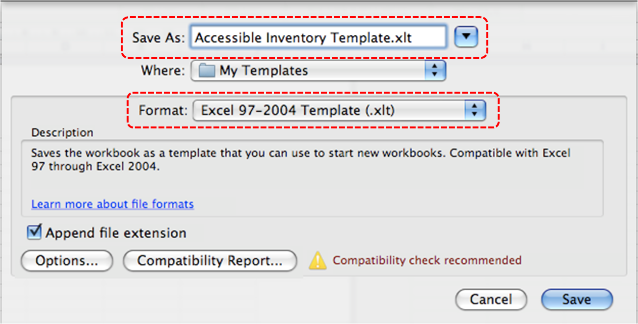 Image demonstrates location of Save as box and Format drop-down list in Save As dialog.