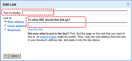 Image demonstrates location of Text to display box and link address box in the Edit Link dialog.