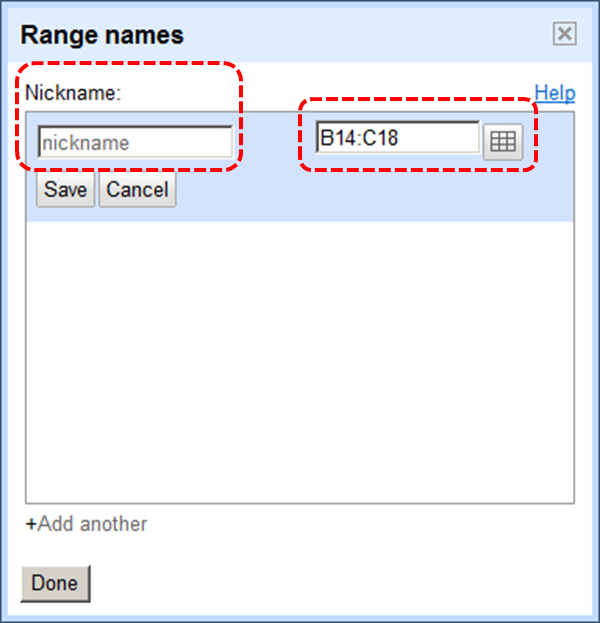 Image demonstrates location of Nickname text box and data range option in Range names dialog.