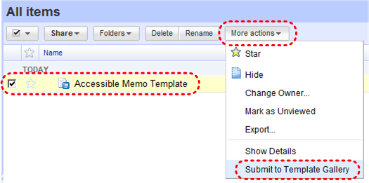 Image demonstrates location of Submit to Template Gallery option in More actions drop-down menu.
