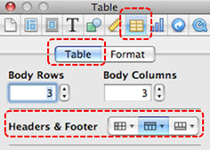 Image demonstrates Table icon, Table tab, and Headers & Footer section in Inspector dialog.