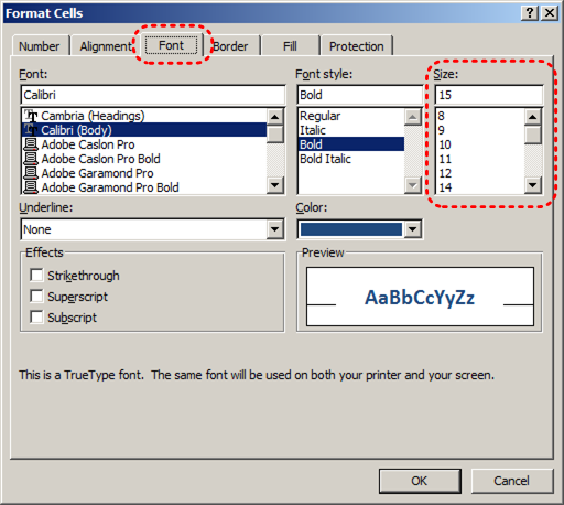 Image demonstrates location of Font tab and Size option in Format Cells dialog.
