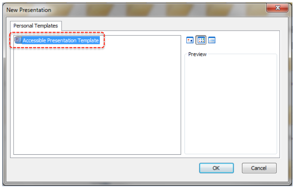 Image demonstrates location of template icons in Personal Templates section of New Presentation dialog.