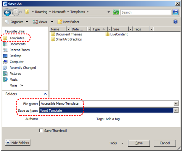 Image demonstrates location of Templates folder, File name text box, and Save as type drop-down menu in the Save As dialog.