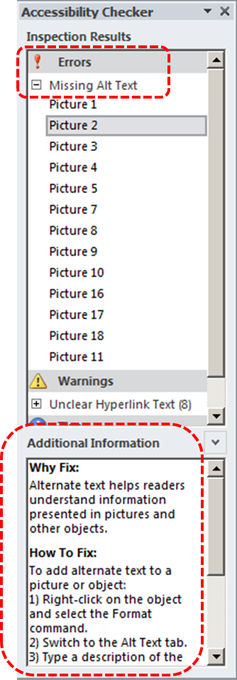 Image demonstrates location of Additional Information in the Accessibility Checker task pane.