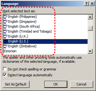 Image demonstrates location of language selection list in the Mark selected text as box in the Language dialog.
