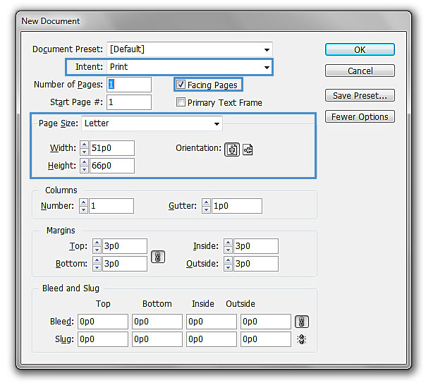 Image demonstrates the changes that should occur within the new document dialog box.