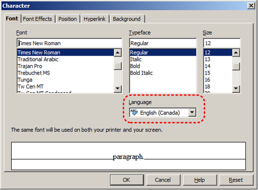 Image demonstrates location of Language option in Character dialog.