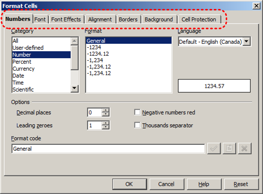Image demonstrates location of formatting tabs in Format Cells dialog.