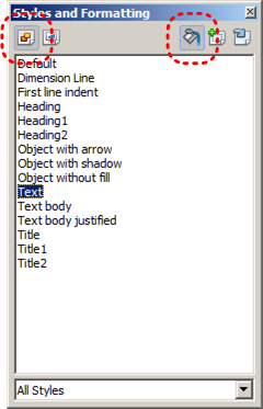 Image demonstrates location of Graphic Styles icon and Bucket icon in Styles and Formatting dialog.