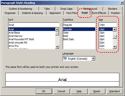 Image demonstrates location of Font tab and Size options in Paragraphy Style dialog.