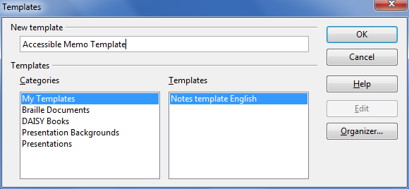 Image demonstrates location of New Template box and Categories options in the Templates dialog.