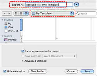 Image demonstrates location of Export As box and the drop-down list to specify a folder in which to save the template.