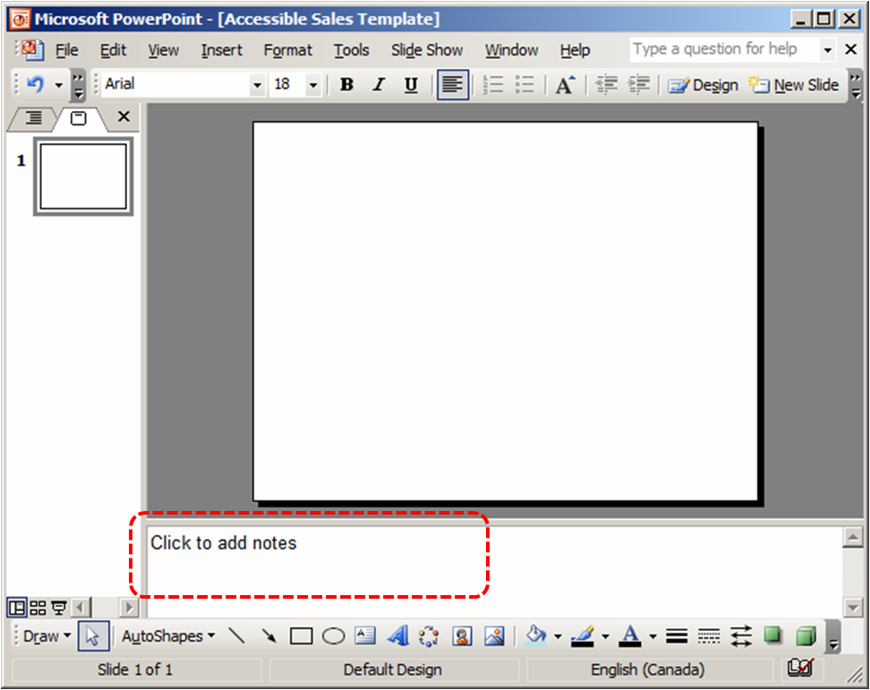 Image demonstrates location of Notes Pane in the Normal view.