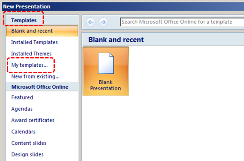 Image demonstrates location of My templates... option under Templates in New Presentation dialog.
