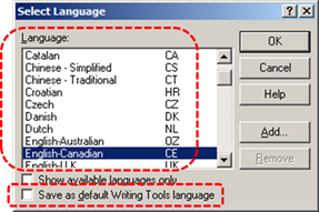 Image demonstrates location of Language list and Save as default Writing Tools language check box in Select Language dialog.