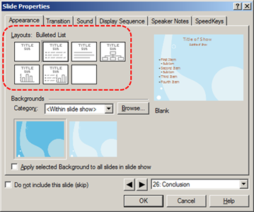 Image demonstrates location of Layouts section in Slide Properties dialog.