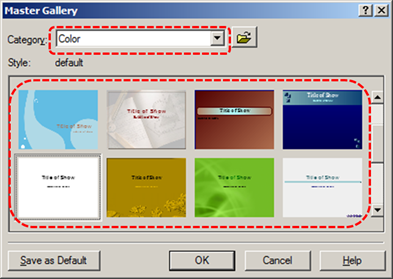 Image demonstrates location of Category option and scrolling gallery in Master Gallery dialog.