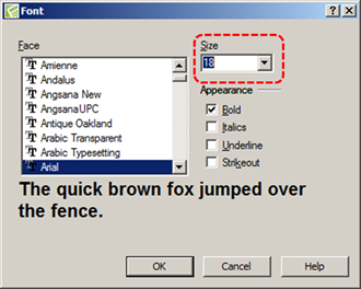 Image demonstrates location of Size option in Font dialog.