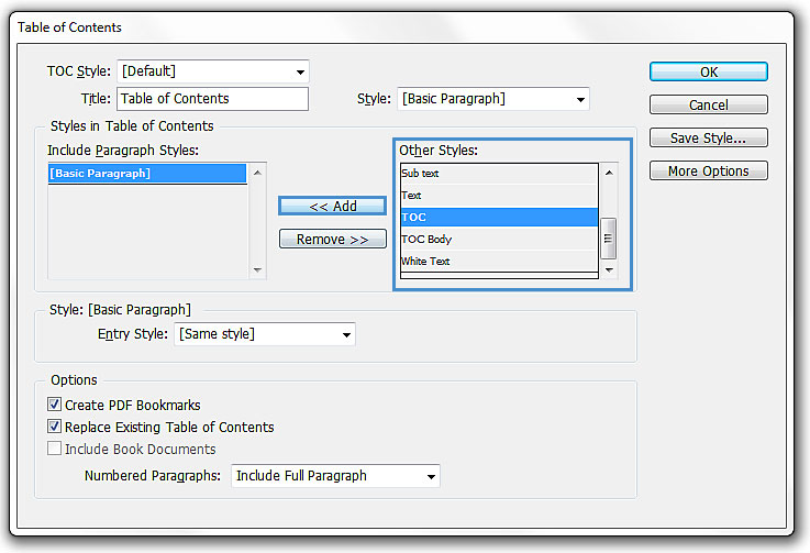 Image demonstrates how to create table of contents.