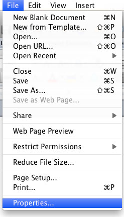 Image locates "Properties" under the file drop down menu.