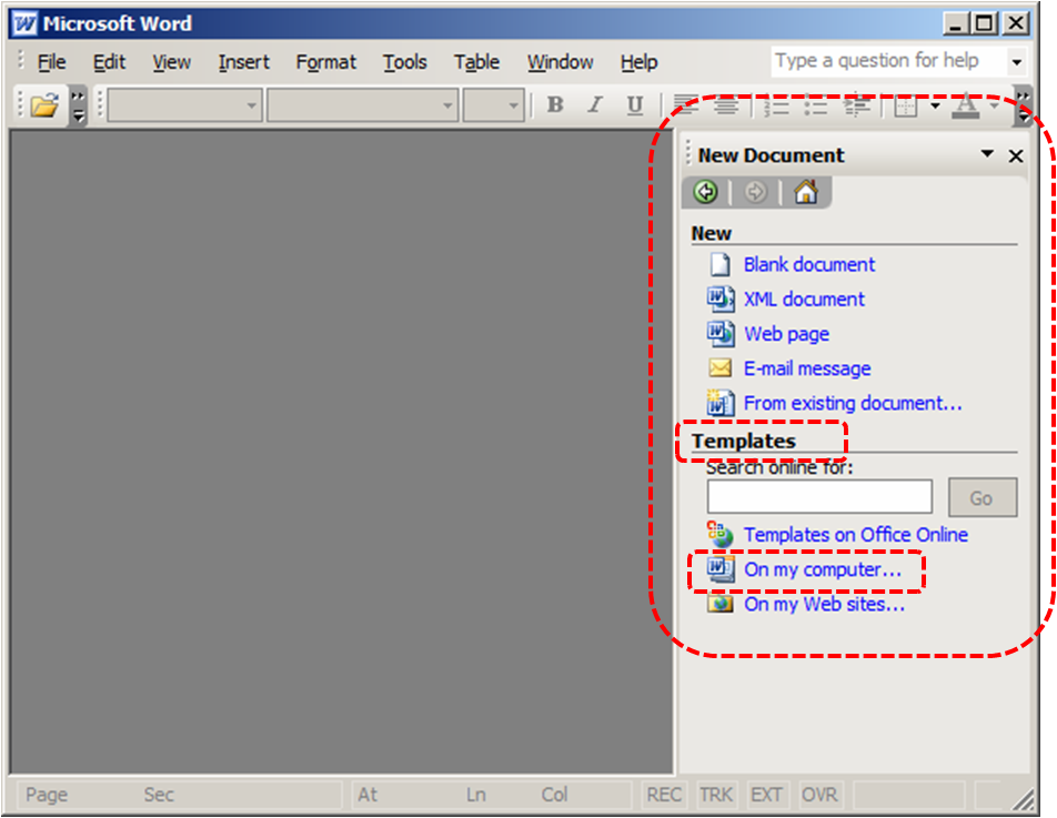 Image demonstrates location On my computer... option under Templates in the New Document section.