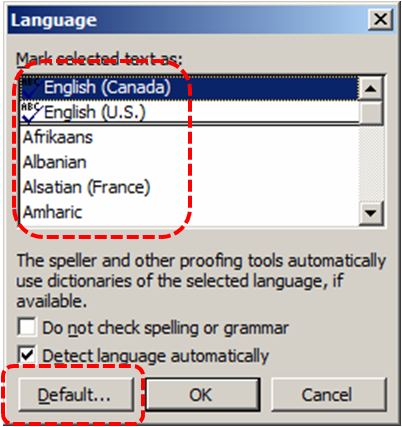 Image demonstrates location of language selection list and Default... option in Language dialog.
