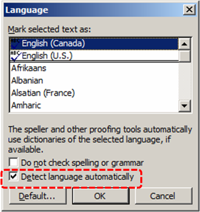 Image demonstrates location of Detect language automatically check box in the Language dialog.