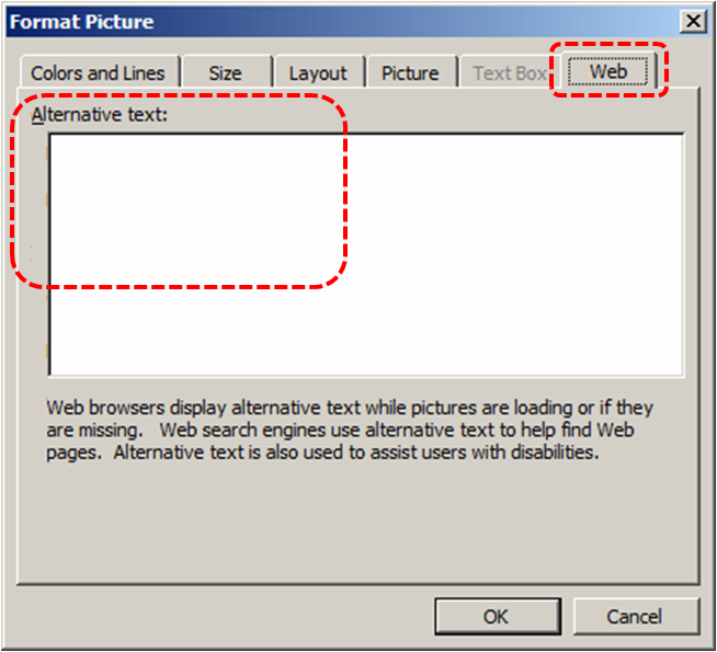 Image demonstrates location of Web tab and Alternative text box in Format Picture dialog.