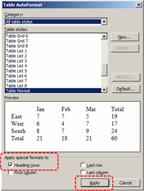 Image demonstrates location of Apply special formats to section, Heading rows check box, and Apply button in Table AutoFormat dialog.