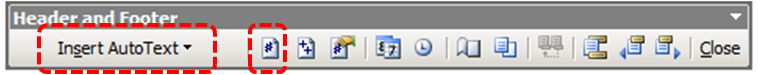Image demonstrates location of Insert AutoText option and Insert Page Number option in the Header and Footer toolbar.