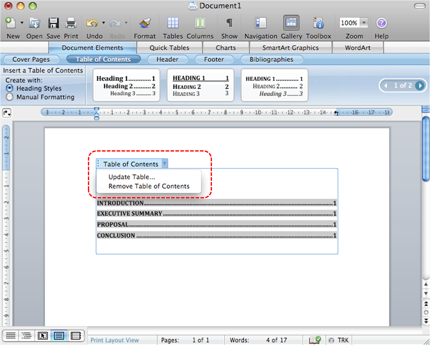 get .... numbers in line in microsoft word 2010 mac for table of contents