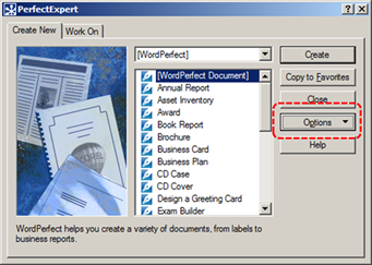 Image demonstrates location of Options button in PerfectExpert dialog.
