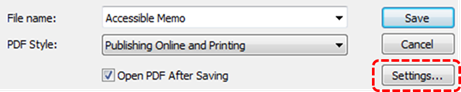 Image demonstrates location of Settings button in the Publish to PDF dialog.
