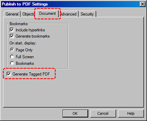 Image demonstrates location of Document tab and Generate Tagged PDF check box in the Publish to PDF Settings dialog.
