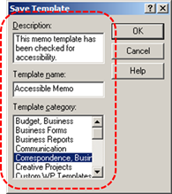 Image demonstrates location of Description box, Template name box, and Template category options in the Save Template dialog.
