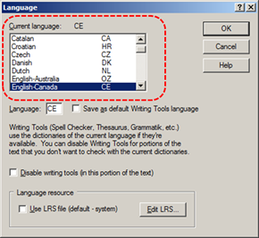Image demonstrates location of language scrolling list in the Language dialog.