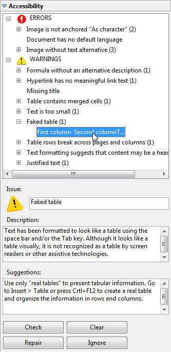 Image of the AccessODF Accessibility Evaluation task panel as it appears on the side of a document that contains numerous errors.