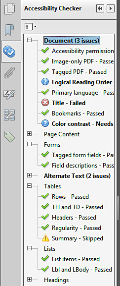 Image shows errors, warnings and correct accessible report in the "accessibility checker" panel.