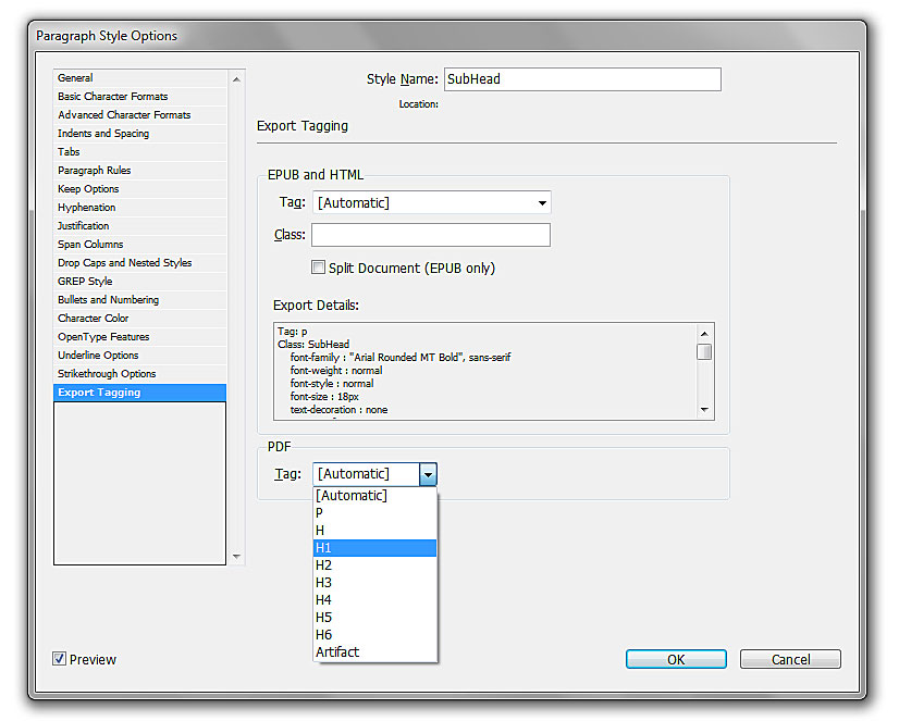 Image demonstrates location of tag with in the paragraph style options dialog box.