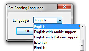 Image show a pop up  language box where the user can set the language of the document.